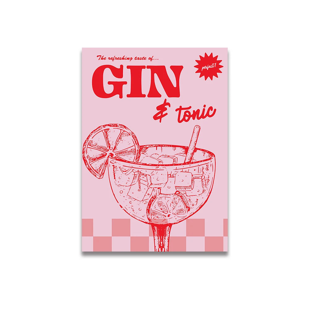 fondo blanco con poster en tono rosa con letras en rojo que dice gin en grande & tonic en mas pequeño, con una copa con una pajita y una rodaja de limón