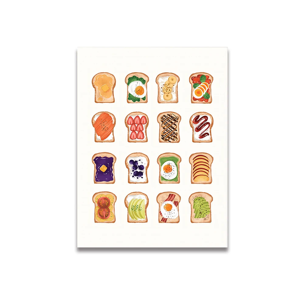 fondo blanco de poster blanco con 16 tostadas con diferentes alimentos encima, como por ejemplo, huevo, aguacate, bacon, fresas, salmón, tomate, arandanos