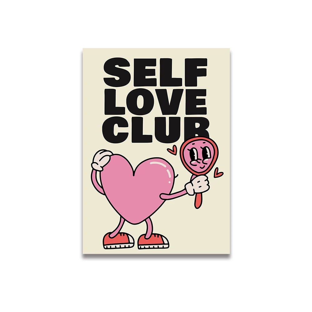 fondo blanco con poster de fondo blanco roto con letras negras que pone self love club y con un corazón que sostiene un espejo en el que se mira y que alrededor tiene dos corazones