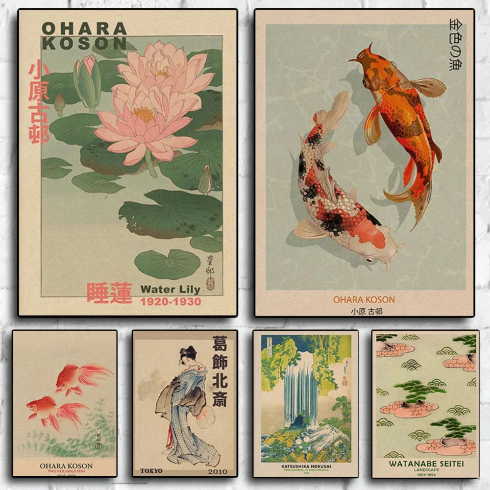 posters laminas inspiracion japonesa flor de loto peces koi cascada nenufares geisha peces